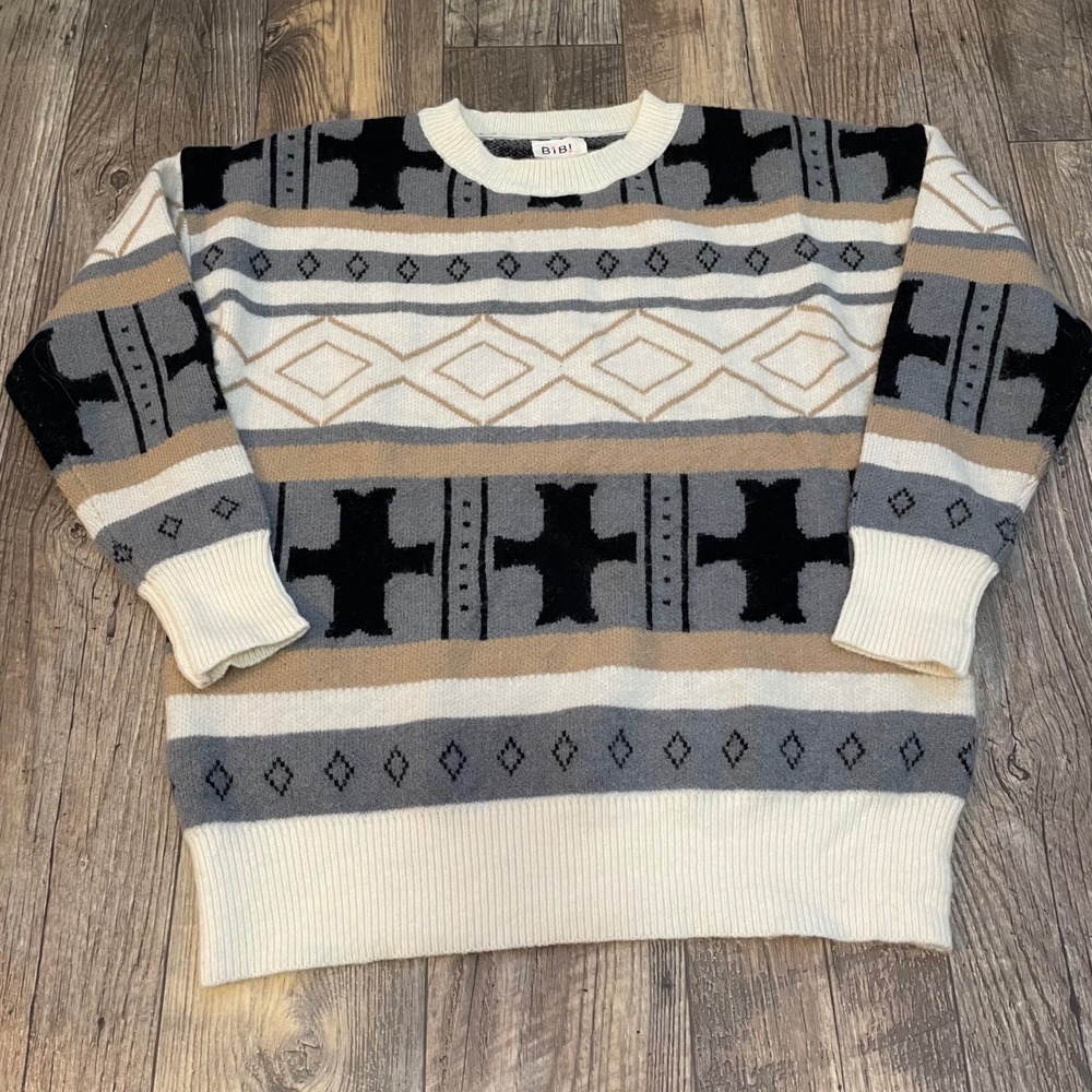 BiBi Womens Southwestern Geometric Knit Sweater Grey Tan Black IP4468 Size M
